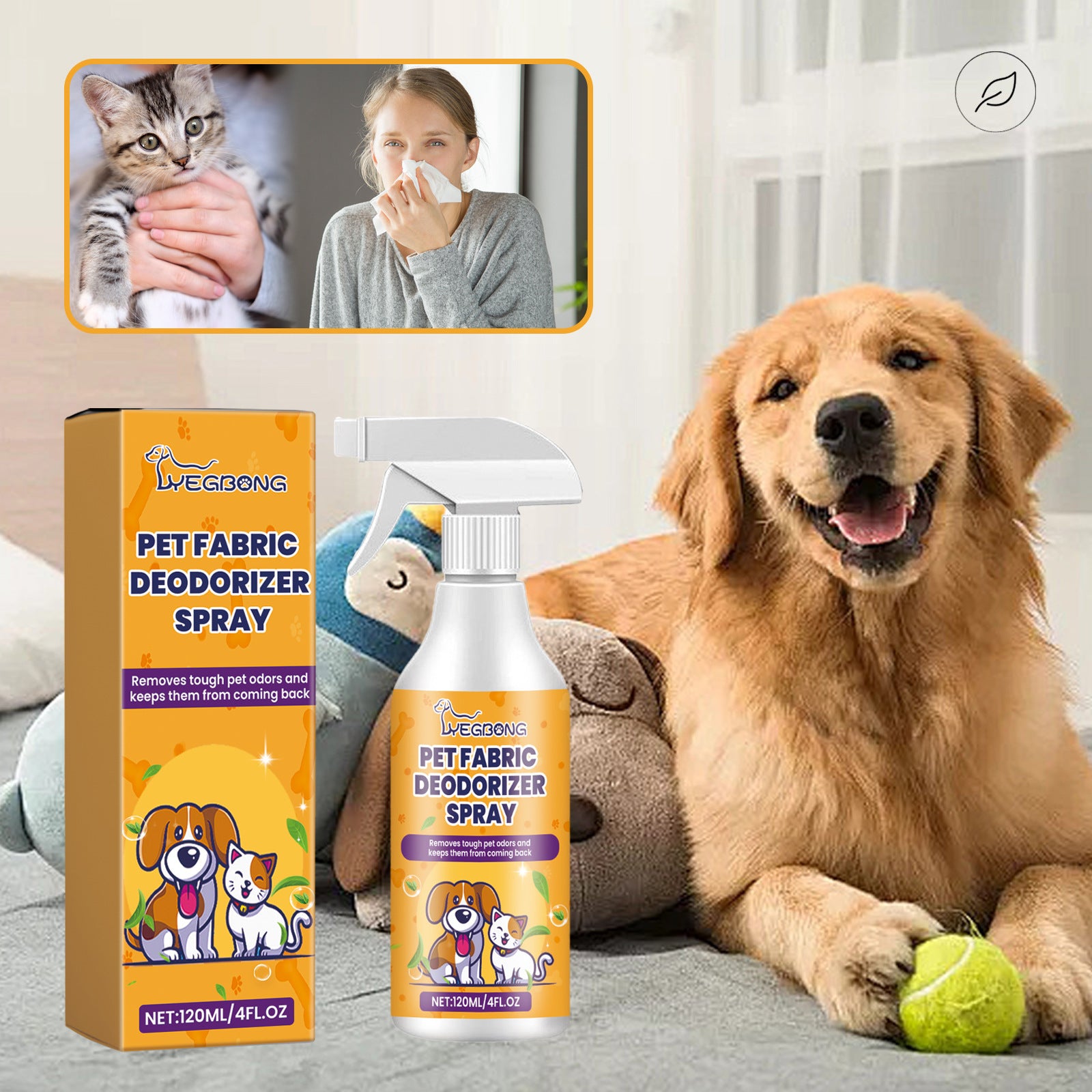 Pet Deodorant Spray Cleaning for lasting fragrance, featured with a golden retriever and cat, 120ml bottle packaging.