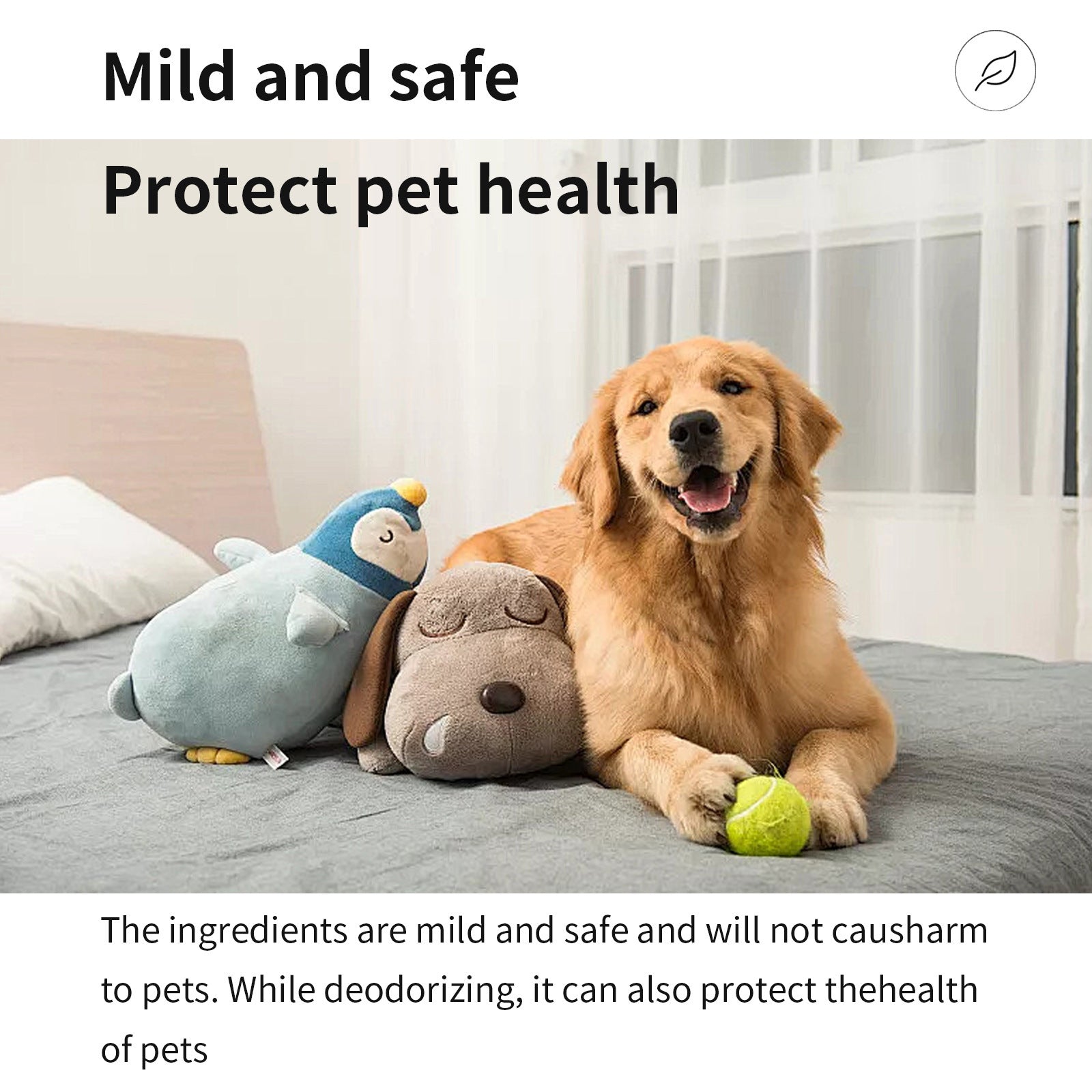 Golden retriever with plush toys promoting pet health and safety, highlighting mild and safe formula for pets.