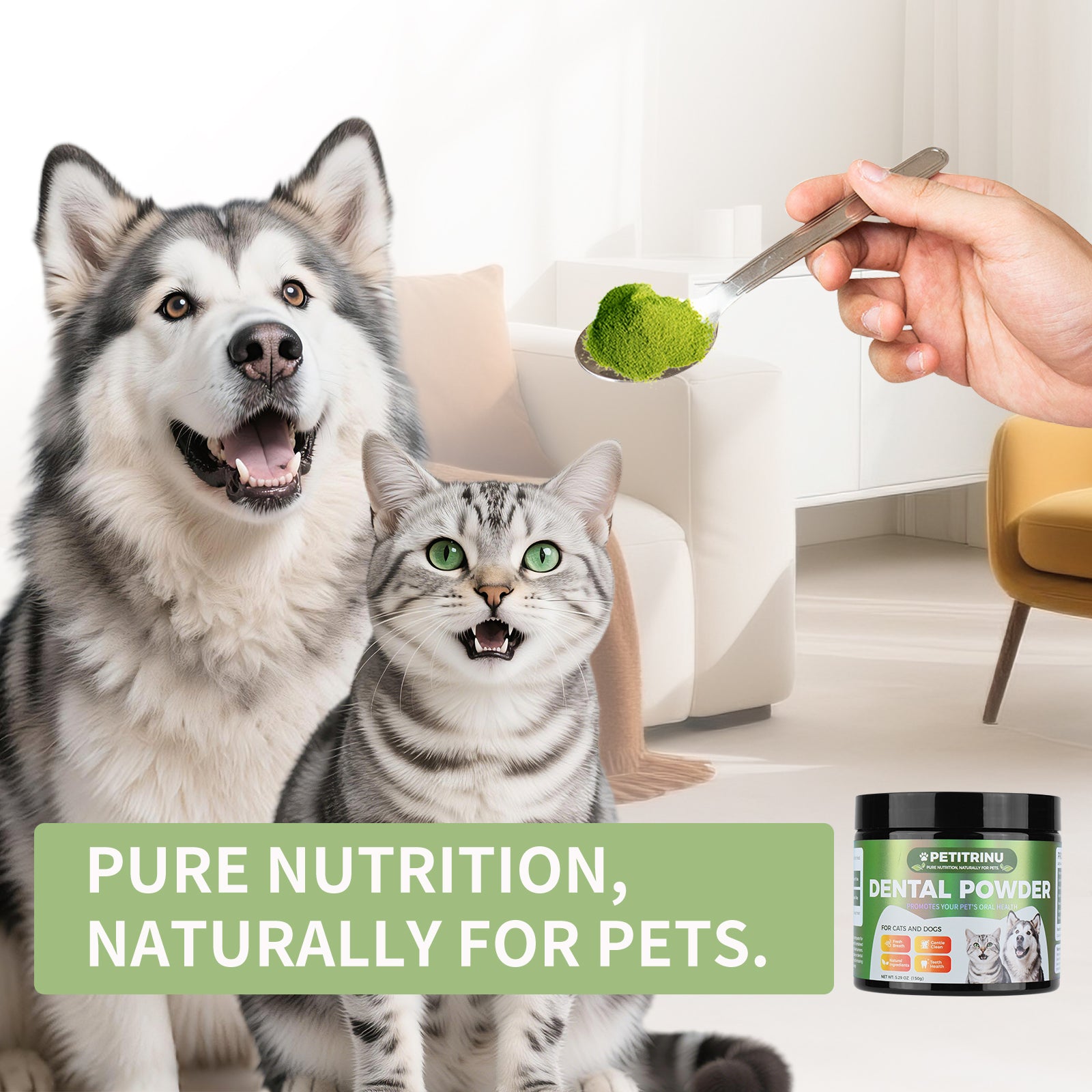 PETITRINU Natural Dental Powder For Cats And Dogs, Fresh Breath Gentle Clean Teeth Health Pet Oral Care Powder 150g